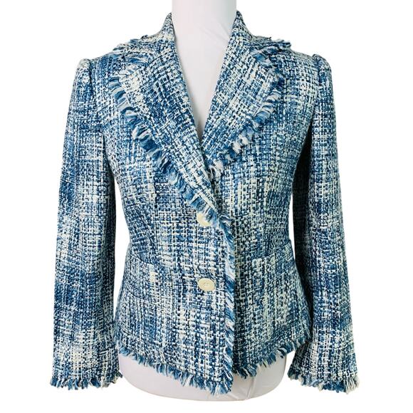Chadwick's Petite Size 2P Fringe Tweed Blazer Jacket Blue White Lined Pockets - Picture 1 of 12